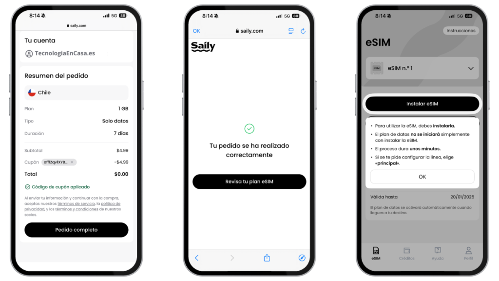 Pantalla de configuración de eSIM en la app Saily, mostrando opciones de instalación para navegación segura y sin roaming.