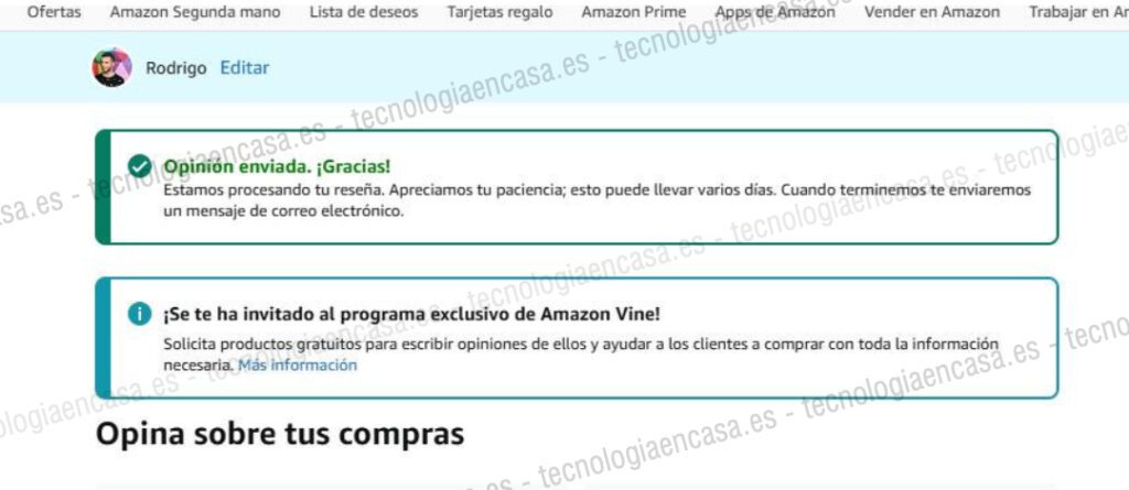 Captura de pantalla de cuando me invitaron al programa Amazon Vine