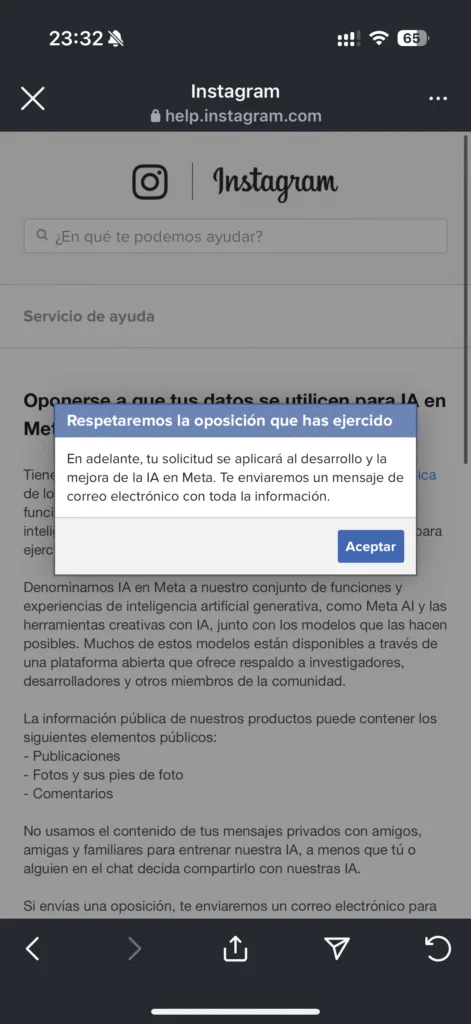 Cómo Evitar que Instagram Utilice tus Datos para Entrenar a Meta AI 73 Mensaje de confirmación de Instagram sobre la oposición al uso de datos para entrenar Meta AI.