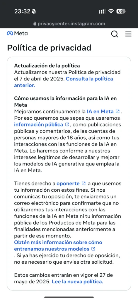 Cómo Evitar que Instagram Utilice tus Datos para Entrenar a Meta AI 72 Política de privacidad de Instagram explicando cómo se utilizan los datos para la inteligencia artificial de Meta y cómo ejercer el derecho de oposición.