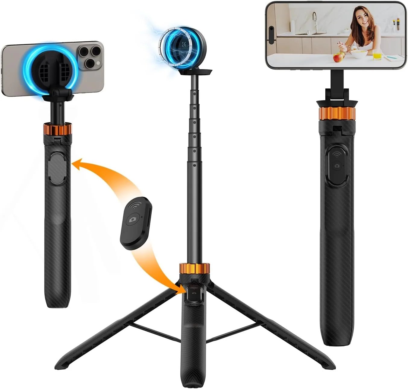 K&F Concept MS19 Palo Selfie Trípode Magnético 162CM Móvil con Mando a Distancia Desmontable para Smartphone, Mini Trípode, Compatible con iPhone 17/16/15/14/13/12, con Anillo Magnético