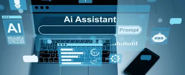 Portátil con interfaz abstracta de asistente de inteligencia artificial sobre fondo azul digital