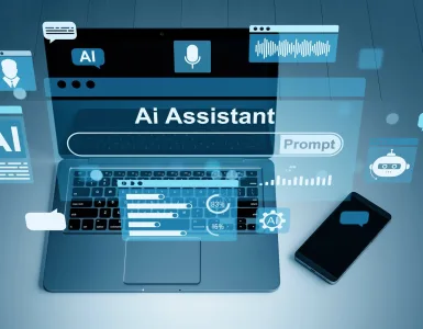 Portátil con interfaz abstracta de asistente de inteligencia artificial sobre fondo azul digital