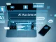 Portátil con interfaz abstracta de asistente de inteligencia artificial sobre fondo azul digital