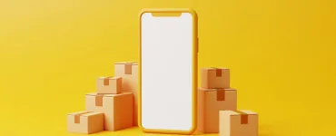 Ilustración de un smartphone genérico con la pantalla en blanco junto a cajas de cartón sobre fondo amarillo
