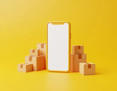 Ilustración de un smartphone genérico con la pantalla en blanco junto a cajas de cartón sobre fondo amarillo