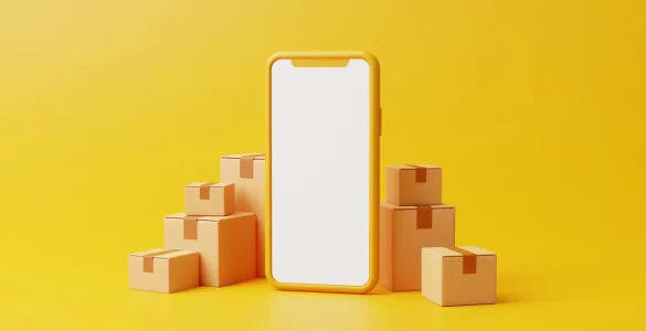 Ilustración de un smartphone genérico con la pantalla en blanco junto a cajas de cartón sobre fondo amarillo