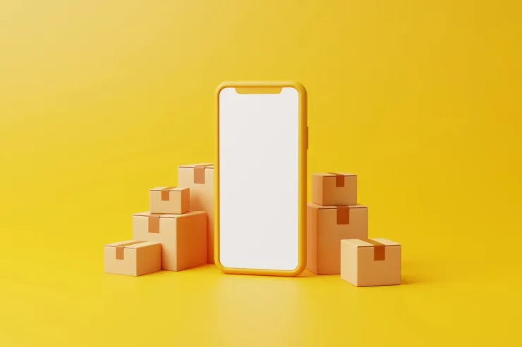 Ilustración de un smartphone genérico con la pantalla en blanco junto a cajas de cartón sobre fondo amarillo
